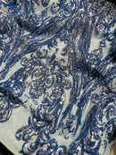 Blue Sequin Fabric by The Yard, 4 Way Stretch Big Damask on Spandex Mesh