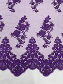 Purple Beaded Fabric, Floral Beads and Sequins Embroidered on a Mesh Sold By Yard