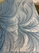 Blue Beaded Fabric by the yard, Bridal beaded, Damask Pattern With Beads and Sequin