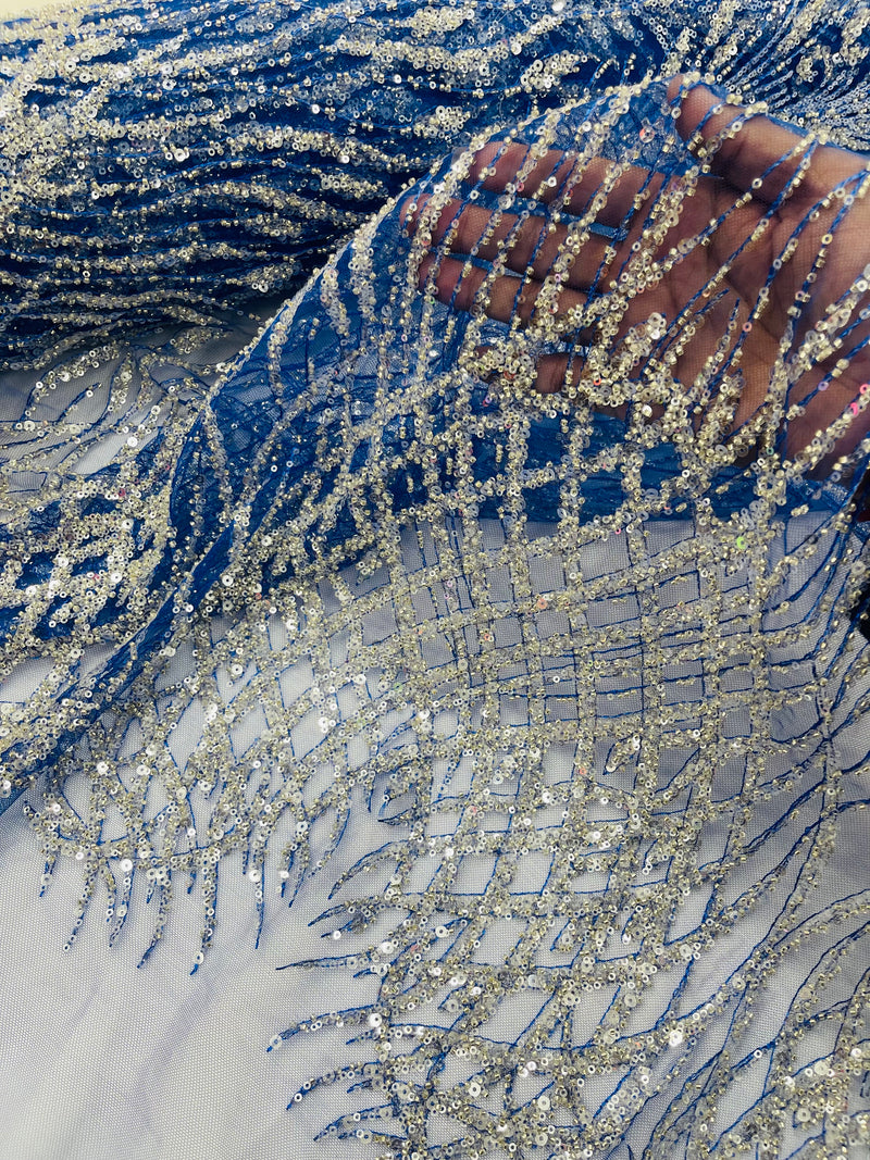 Beaded Embroidered Fabric -Royal Blue - Embroidered Heart and Feather Pattern Fabric By Yard