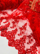 Red Beaded Fabric - Floral Beads and Sequins Embroidered on a Mesh Sold By Yard