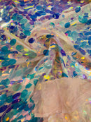 Pink Mesh/Clear Iridescent Jumbo Oval Sequins Fabric - Clear  Iridescent Oval Shape Teardrop Sequins Fabric By Yard