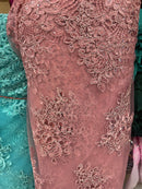 Dusty Rose Flower Cluster Fabric - Embroidered Floral Design With Sequins on Mesh Lace Fabric