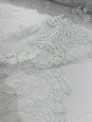 White Beaded Fabric - Floral Beads and Sequins Embroidered on a Mesh Sold By Yard