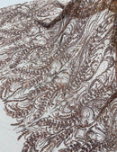 Brown Beaded Fabric by the yard, Bridal beaded, Damask Pattern With Beads and Sequin