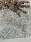 Beaded Embroidered Fabric - Silver - Embroidered Pattern Fabric By Yard