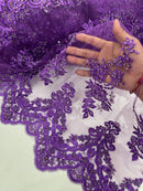 Purple Beaded Fabric, Floral Beads and Sequins Embroidered on a Mesh Sold By Yard