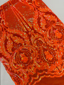 Iridescent Sequins Fabric - Damask Sequin Design on 4 Way Stretch Fabric By Yard