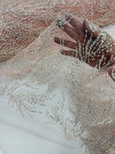 Clear Beaded Fabric Pink Mesh by the yard, Bridal beaded Damask With Beads and Sequin