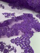 Purple Beaded Fabric, Floral Beads and Sequins Embroidered on a Mesh Sold By Yard