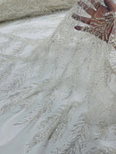 Off White Beaded Fabric by the yard, Bridal beaded, Damask Pattern With Beads and Sequin