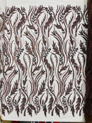 Brown Beaded Embroidered Fabric - Embroidered Heart and Feather Pattern Fabric Sold By Yard