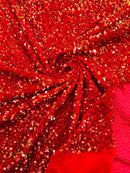 Red Green Iridescent Sequin Fabric: Red Stretch Velvet (58/60" Wide)