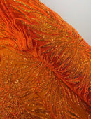 Feather Wings Sequins - Orange Iridescent - 4 Way Stretch Embroidered Sequin By Yard