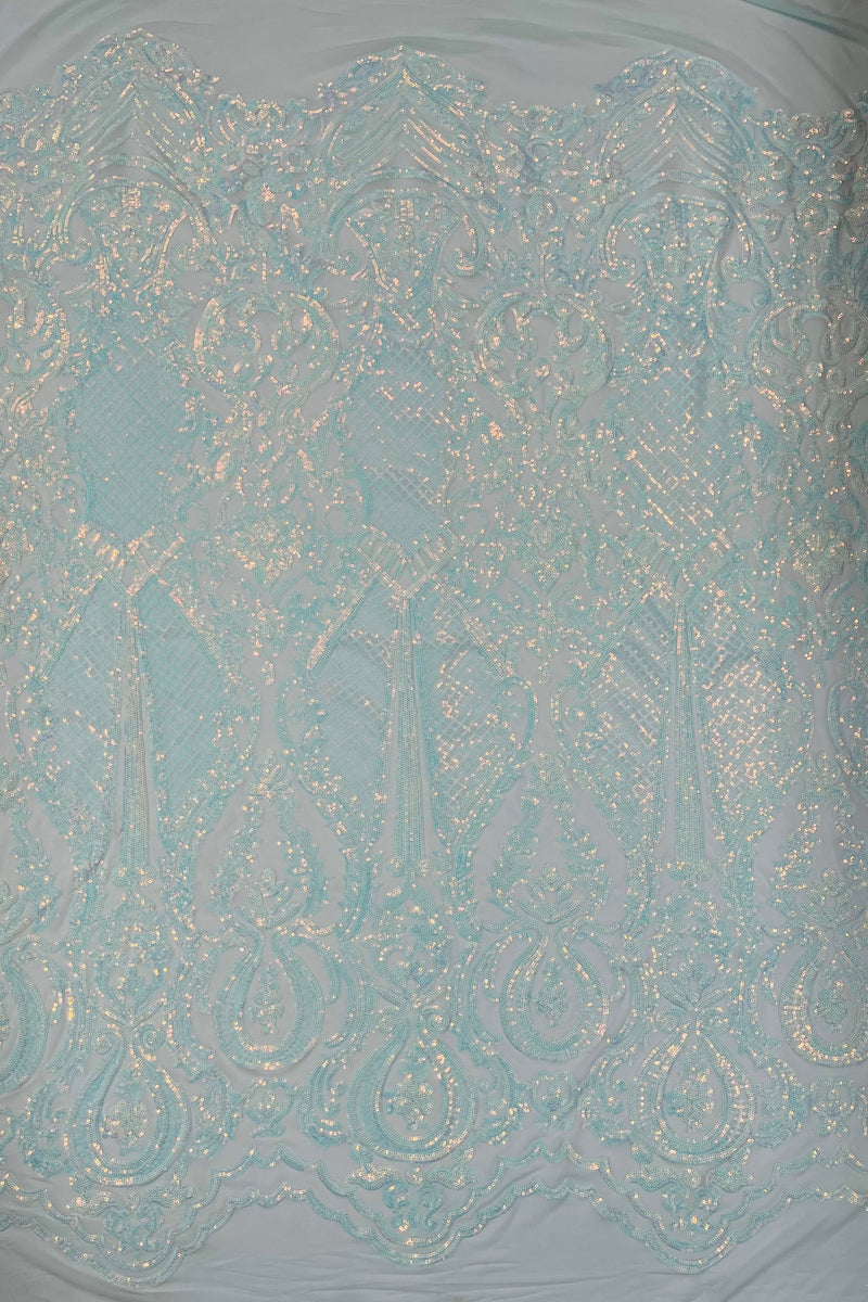 Iridescent Sequins Fabric - Damask Sequin Design on 4 Way Stretch Fabric By Yard