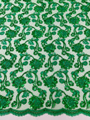 Corded Lace Flower Fabric - Emerald Green - Floral Design Embroidered Sequins on Mesh Lace Fabric