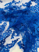 Royal Blue Beaded Fabric - Floral Beads and Sequins Embroidered on a Mesh Sold By Yard