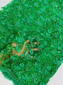 Corded Lace Flower Fabric - Emerald Green - Floral Design Embroidered Sequins on Mesh Lace Fabric