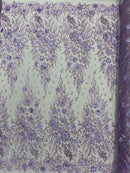 Flower 3D Glitter Fabric - Lilac - Embroidered Floral Sequins Design Fabric by Yard
