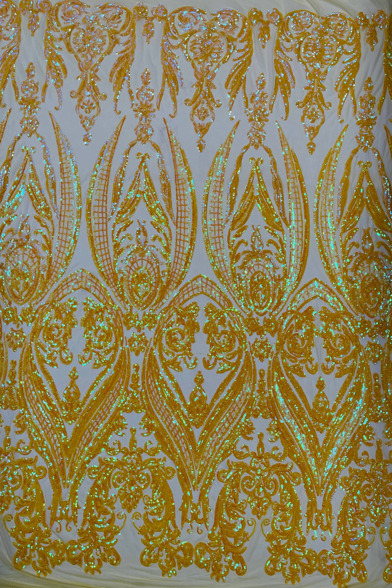 Iridescent Sequins Fabric - Big Damask Sequin Design on 4 Way Stretch Fabric By Yard