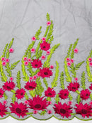 Fuchsia Sunflower Lace 3D Fabric - Black Mesh Sunflower Lace Design Sold By Yard