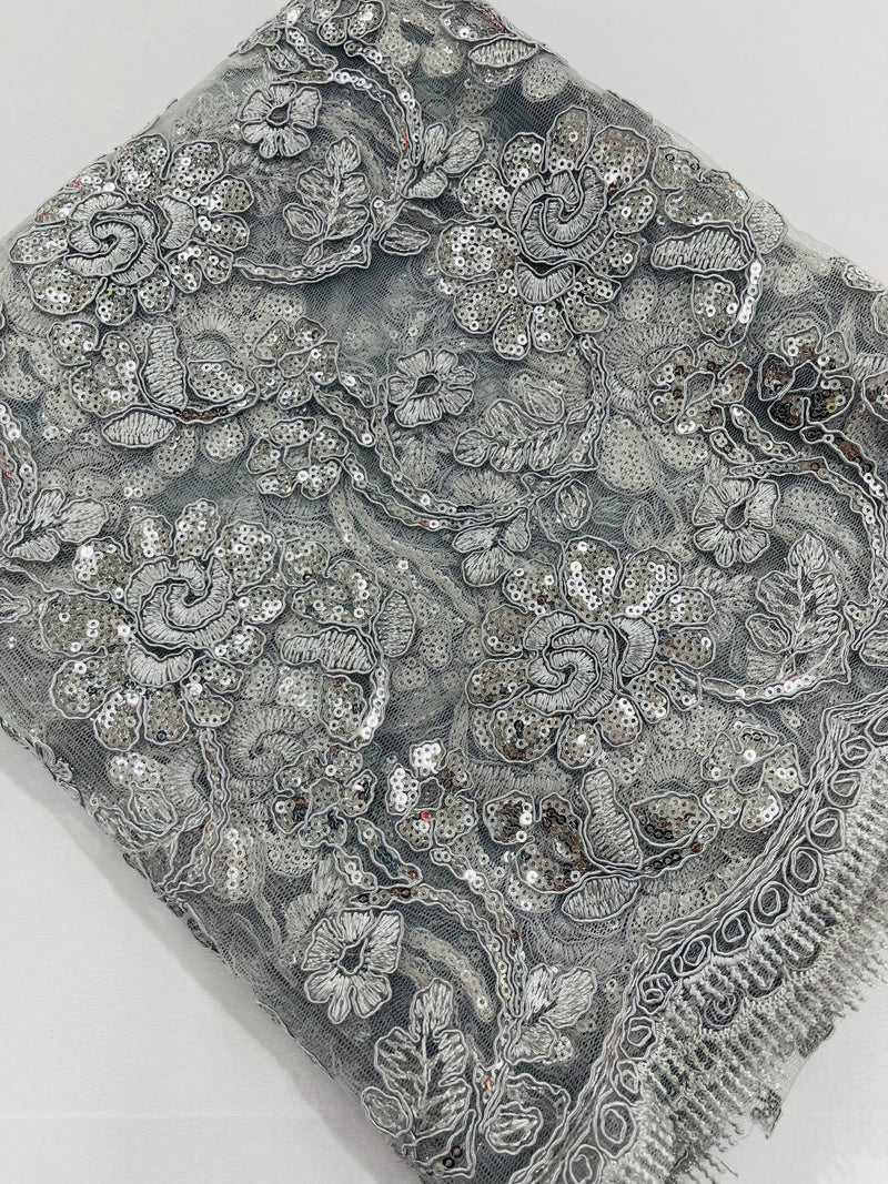 Corded Lace Flower Fabric - Silver - Floral Design Embroidered Sequins on Mesh Lace Fabric