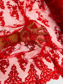 Red Beaded Fabric - Floral Beads and Sequins Embroidered on a Mesh Sold By Yard