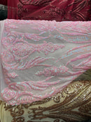 Big Design Sequins Fabric - Candy Pink - 4 Way Stretch Curvy Sequins Design Mesh Fabric by Yard