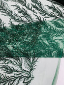Hunter Green Beaded Fabric by the yard, Bridal beaded, Damask Pattern With Beads and Sequin