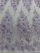 Flower 3D Glitter Fabric - Lilac - Embroidered Floral Sequins Design Fabric by Yard