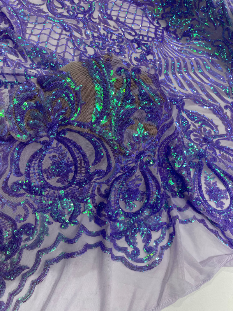 Lavender Iridescent Sequins - Lavender Damask Sequin Design on 4 Way Stretch Fabric By Yard