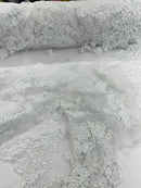 White Beaded Fabric - Floral Beads and Sequins Embroidered on a Mesh Sold By Yard