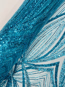 Turquoise Embroidery Beaded Fabric By The Yard