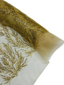 Gold Beaded Fabric by the yard, Bridal beaded, Damask Pattern With Beads and Sequin