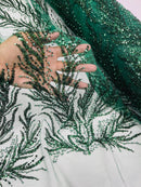 Hunter Green Beaded Fabric by the yard, Bridal beaded, Damask Pattern With Beads and Sequin