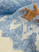 Baby Blue Beaded Fabric - Floral Beads and Sequins Embroidered on a Mesh Sold By Yard