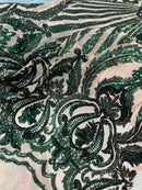 Hunter Green Stretch Sequin - Damask Design on Nude Mesh By Yard