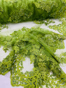 Olive Beaded Fabric - Floral Beads and Sequins Embroidered on a Mesh Sold By Yard