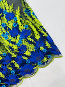 Royal Blue Sunflower Lace 3D Fabric - Black Mesh Sunflower Lace Design Sold By Yard