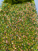 Iridescent Clear Sequins on Olive Stretch Velvet 2-way Stretch 58/60”By The Yard