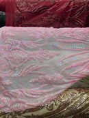 Big Design Sequins Fabric - Candy Pink - 4 Way Stretch Curvy Sequins Design Mesh Fabric by Yard