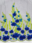 Royal Blue Sunflower Lace 3D Fabric - Black Mesh Sunflower Lace Design Sold By Yard