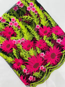 Fuchsia Sunflower Lace 3D Fabric - Black Mesh Sunflower Lace Design Sold By Yard