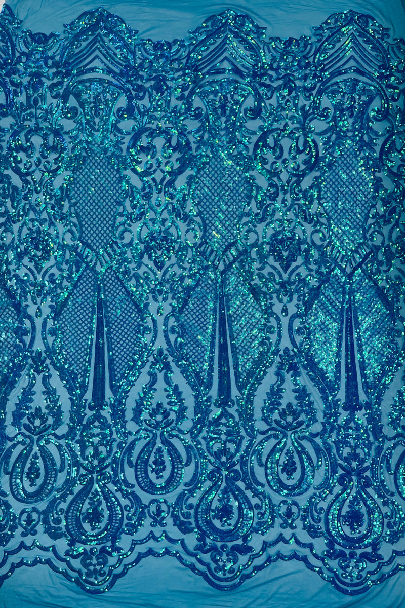 Iridescent Sequins Fabric - Damask Sequin Design on 4 Way Stretch Fabric By Yard