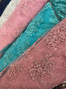 Dusty Rose Flower Cluster Fabric - Embroidered Floral Design With Sequins on Mesh Lace Fabric