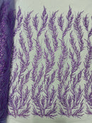 Lilac Beaded Fabric by the yard, Bridal beaded, Damask Pattern With Beads and Sequin