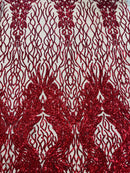 Red Sequins Lace Fabric On Nude Mesh, DAMASK Design Embroidered On a Mesh 4 way Stretch Sequin By The Yard -Prom-Gown ( Choose The Size )
