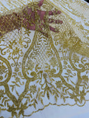 Gold Damask Design Glitter Fabric - Gold - Tulle Glitter Mesh Line Design Fabric Sold By Yard