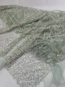 Beaded Embroidered Fabric - Silver - Embroidered Pattern Fabric By Yard