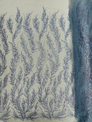 Baby Blue Beaded Fabric by the yard, Bridal beaded, Damask Pattern With Beads and Sequin